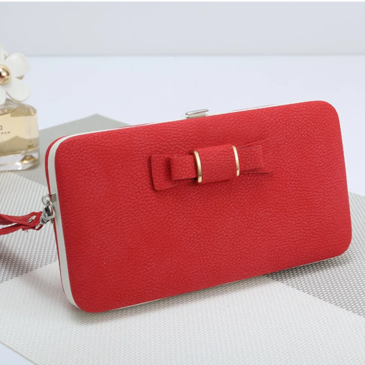 Bowknot leather women long wallets clutch bag purses girl ladies money coin pocket card holder wallet with zipper