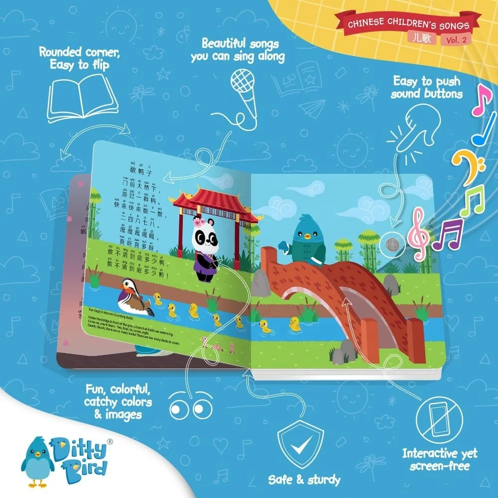 Chinese Nursery Rhymes Book Children Songs Edition Bilingual Musical Book for Toddlers