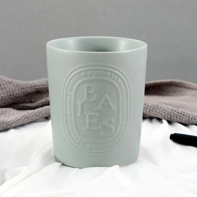 Wholesale custom matte embossed logo candle vessels container large empty ceramic candle jars for making candles