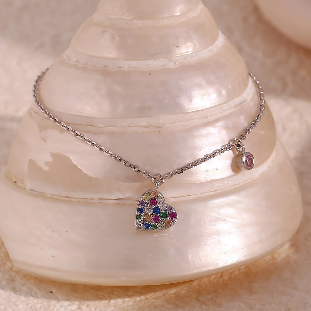 Rhodium Plated Crystal Rhinestone Heart Charm Love Bracelet 925 Sterling Silver for Women