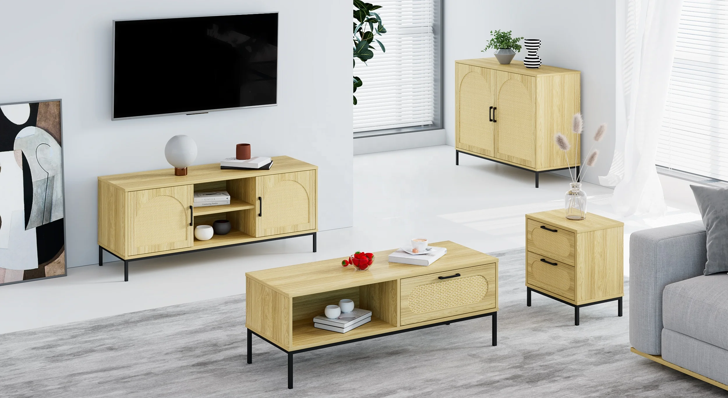 Wholesale bedroom furniture rustic natural wood bedside table nightstand with two rattan drawers