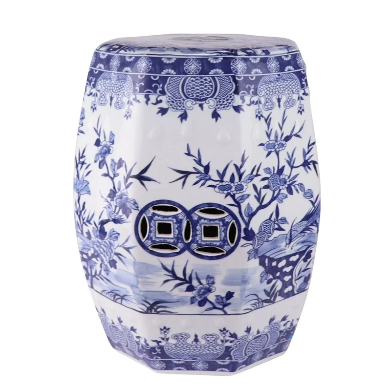 RZSI38-A-8S Jingdezhen Blue and White Porcelain Flower and Bird Design Octagon Shape Porcelain Stools Cool Pier