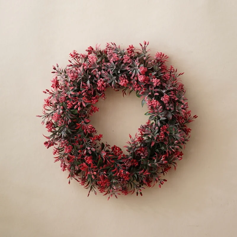 20 inch Spring Wreath Summer Door Decorations Home Farmhouse Decor Artificial Floral Wreath with Red Pink Flowers