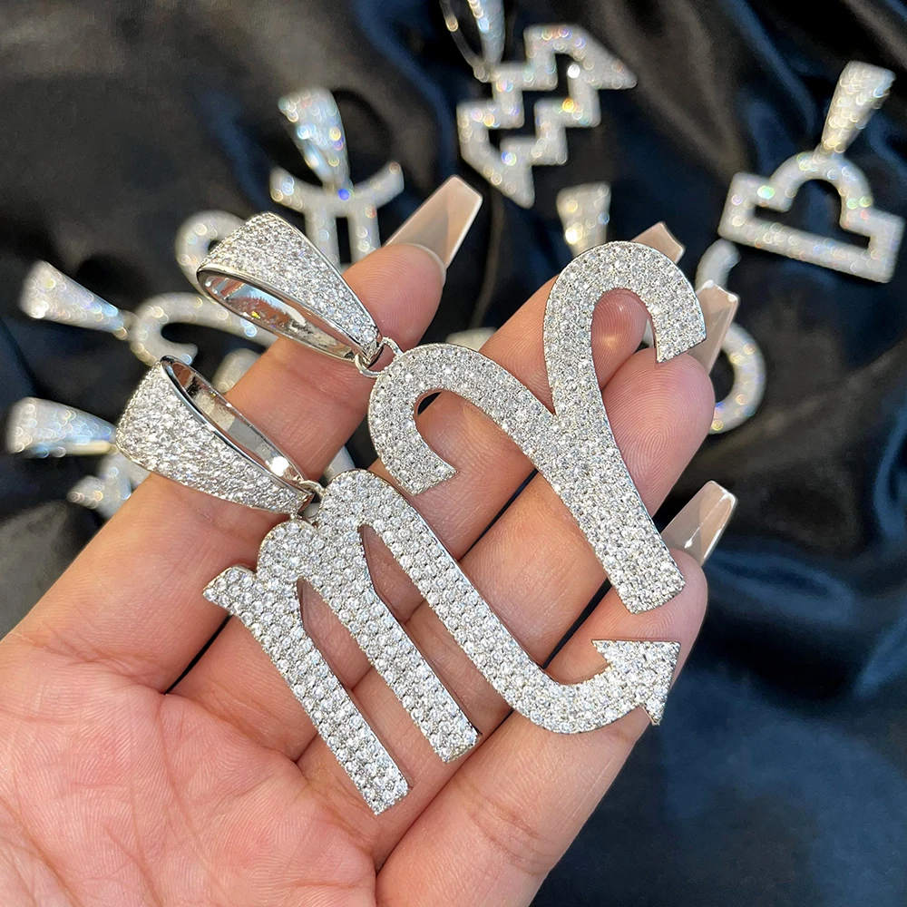hip hop iced out filled cz big size silver sign zodiac pendant necklace