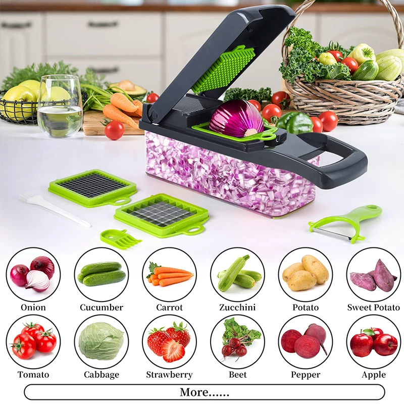 Commercial Kitchen Professional Durable 8 Blade 14 In 1 Multi Function Fruit Onion Vegetable Chopper Slicer Dicer With Container