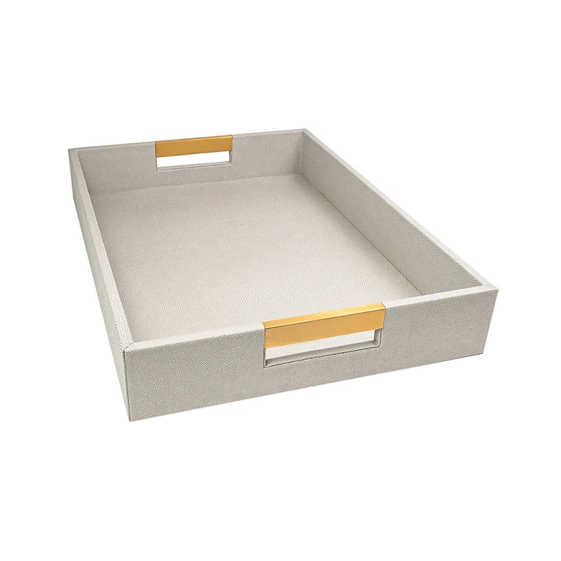 High-end Different PU color Leather Trays Hotel bathroom Leather Wood Rectangular Serving Tray with Short Metal Handle With SABER Certificate