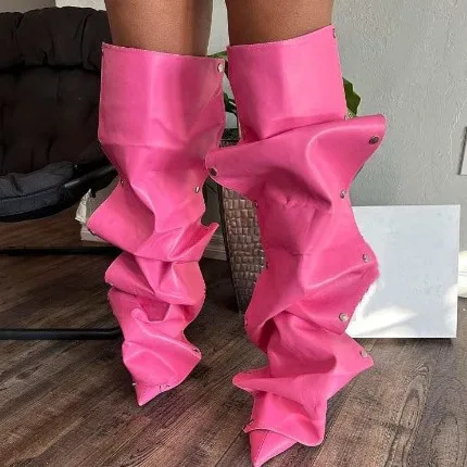2024 New red pointy thin high heeled female boots stud cylinder Booties Women jeans rivets stiletto knee high boots