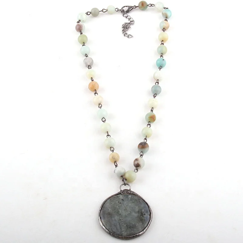 Fashion Women Ethnic jewellery necklace Natural Stone Black Rosary Chain Amazonite Stone Rectangle Round Pendant Choker Necklace