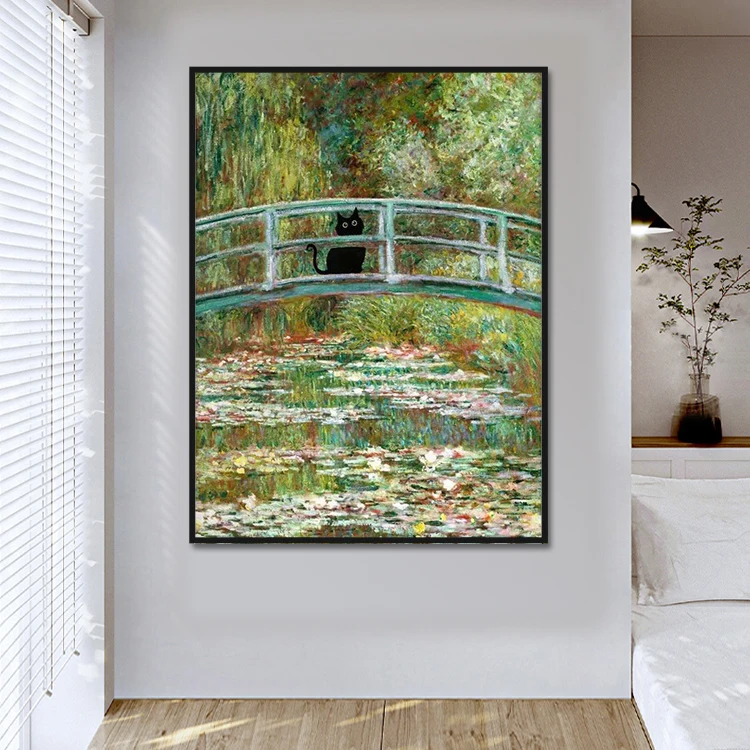 Impression Posters Print Lotus Pond Black Cat Famous Monet Oil Painting Canvas Wall Art For Bedrooms