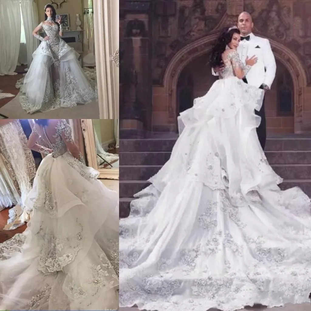 Wedding Apparel & Accessories 2020 Classic Crystal Wedding Dresses With Detachable Over-skirt High Neck Long Sleeves Beaded App