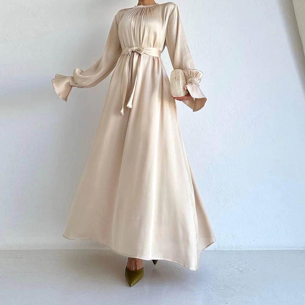 2024 Latest Muslim Long Dress Arab Dubai Modest Solid Color Elegant Satin Abaya Dress Islamic Muslim Dress for women