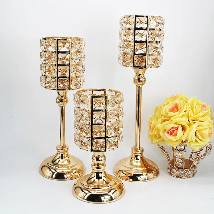 table decorative 17cm high gold candle holder with crystal beads