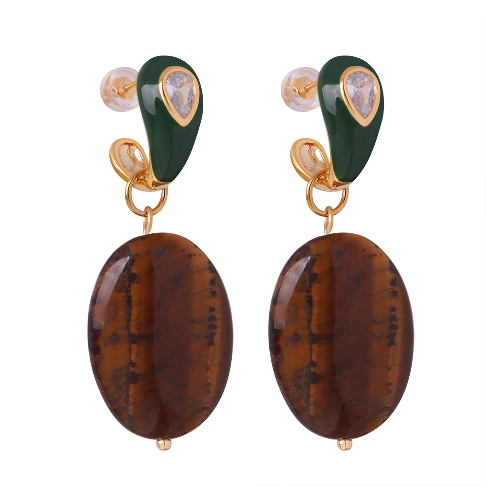 European and American retro copper natural tiger eye stone pendant inlaid with zircon enamel colored glaze earrings jewelry