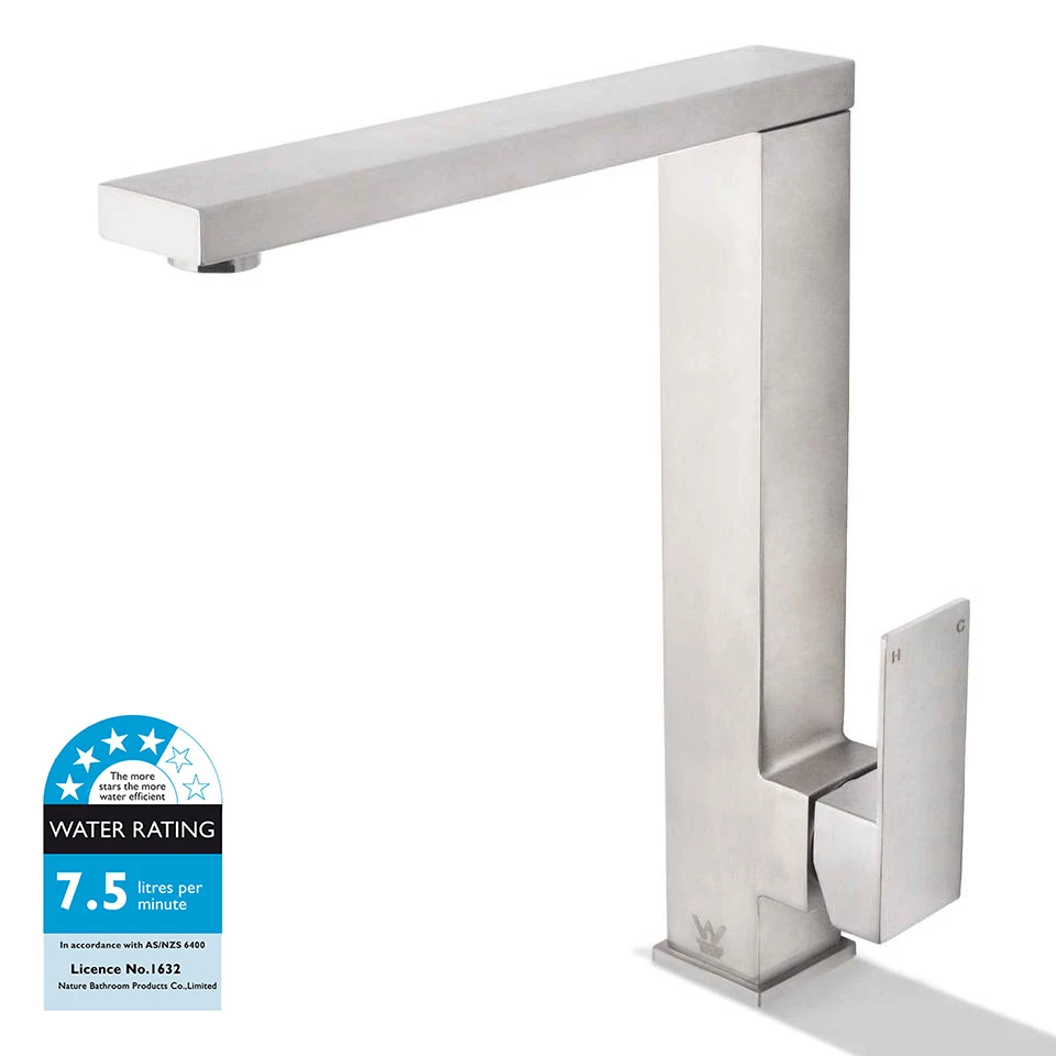 Factory Supply Watermark Certification Wels Brushed Stainless Steel Square Swivel Single Lever Sink Tap Lead Free Kitchen Faucet