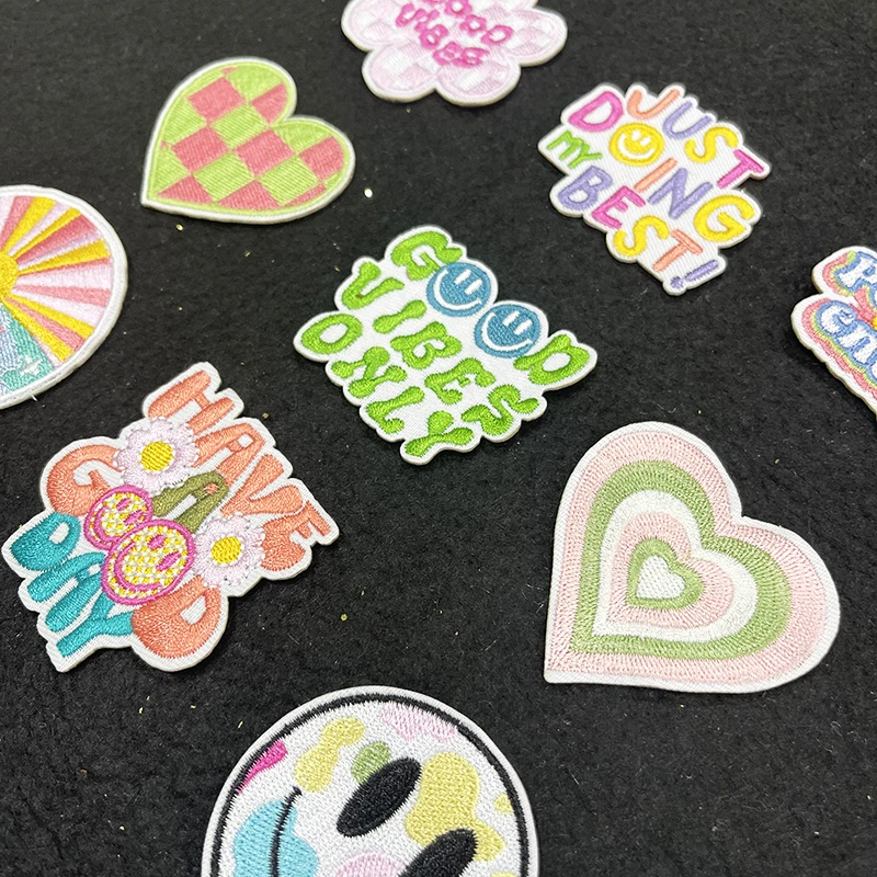 Iron On Smile Face Embroidery Cartoon Spring Brilliant Color Positive Energy Good Viber Flower Heart Patch For Hat Cloth Bag