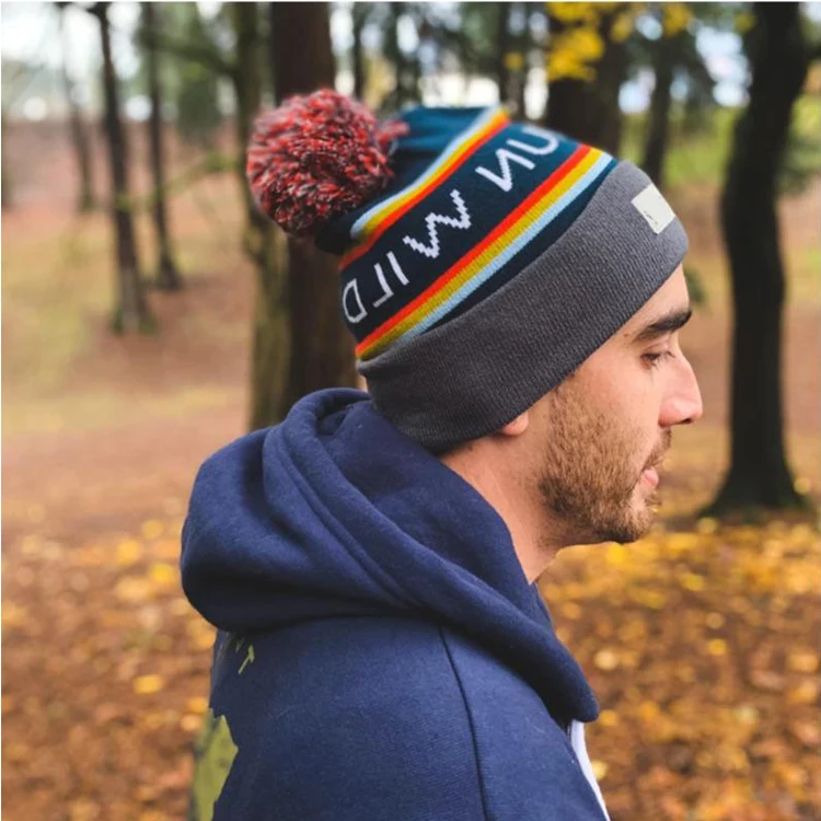 Custom Logo Jacquard Pom Pom Winter Knitted Beanie Hat,Cuffed Beanie Cap With Pom