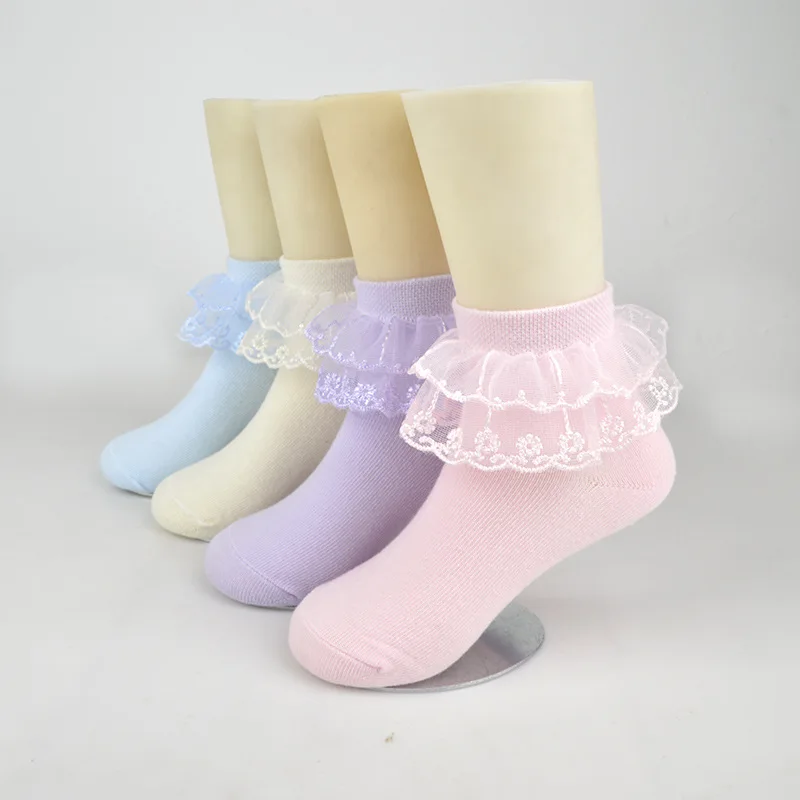 wholesale children cute double lace kids socks 100% cotton school teen socks crew white girls sock