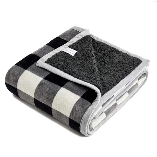 High Quality Black and White Plaid Heavy Double Sherpa Ply Blanket For Winter