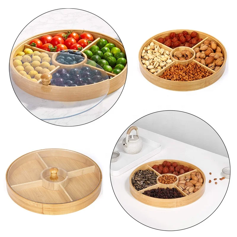 5 Compartments Snacks Party Tray Bamboo Round Plate Dish Food Serving Platter Tray With Glass lid