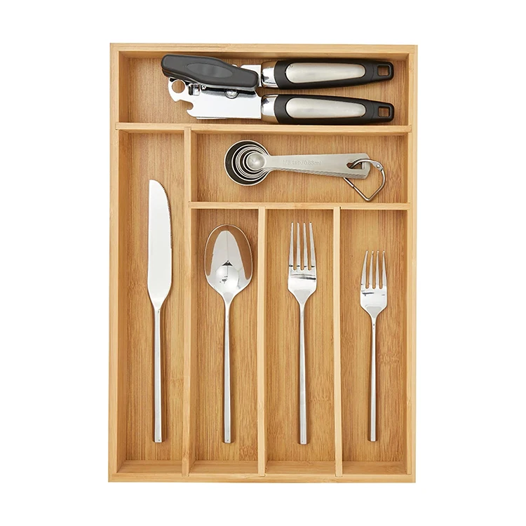 Clear 6 slots compact kitchen utensil silverware drawer storage bamboo cutlery tray organizer, bamboo silverware organizer