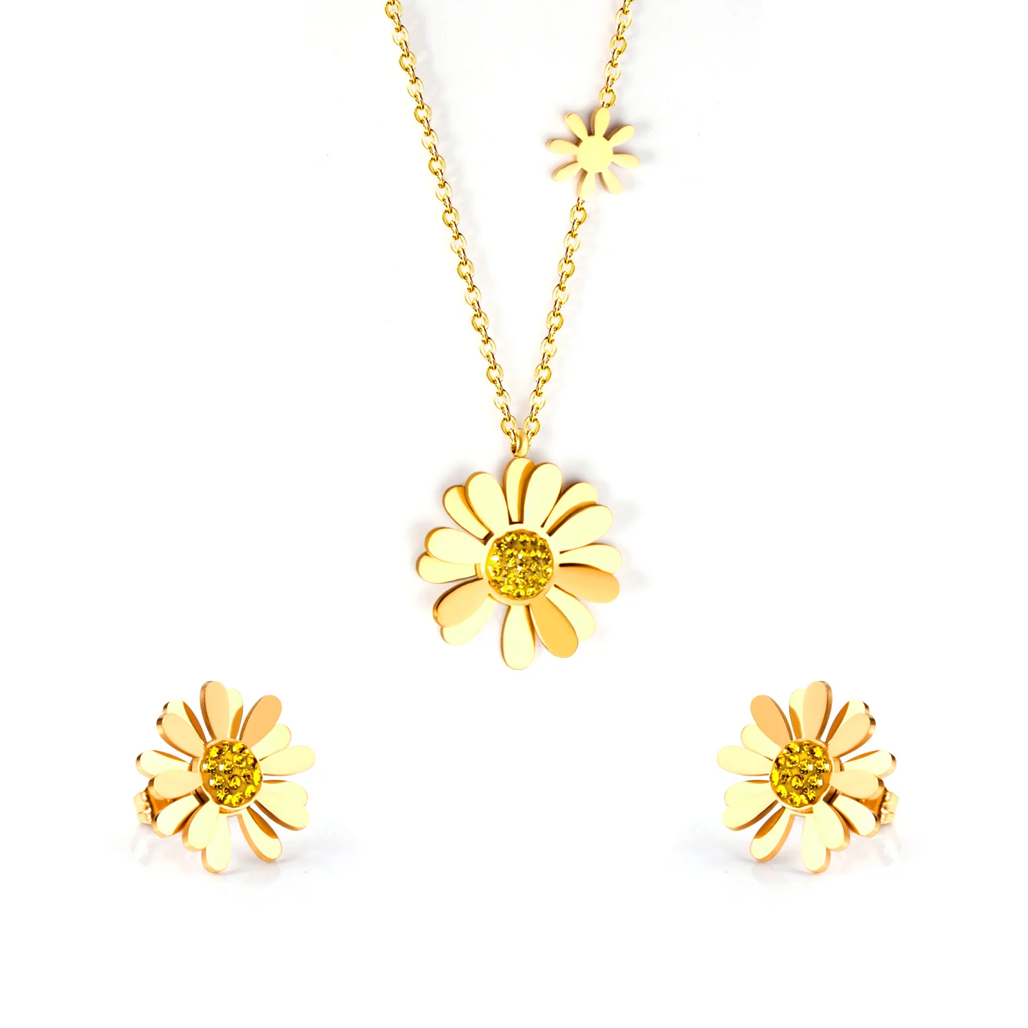 Flower 24k Gold Filled Diamond Ladies Girls Cute Necklace Earring Stainless Steel Jewelry Sets
