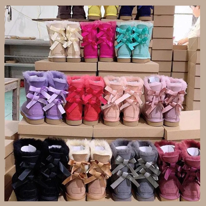 Wholesale fashion ladies sheepskin kids women winter snow ribbon fur boots with bows 2023 snow boots