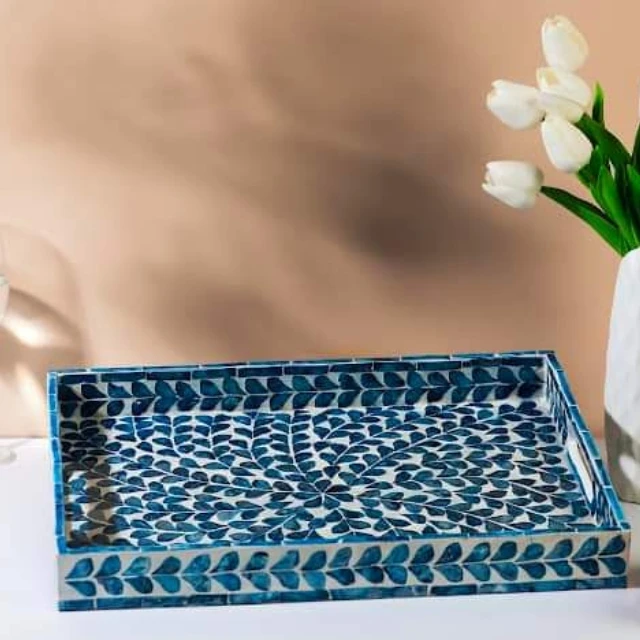 Unique Design Handmade Bone Inlay Serving Tray Mother of Pearl Rectangle Tray with Handles from Vietnam