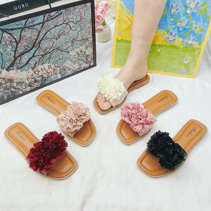 New Popular original flower leather flat sandals slippers for women slides outdoor casual trend slipper shoes