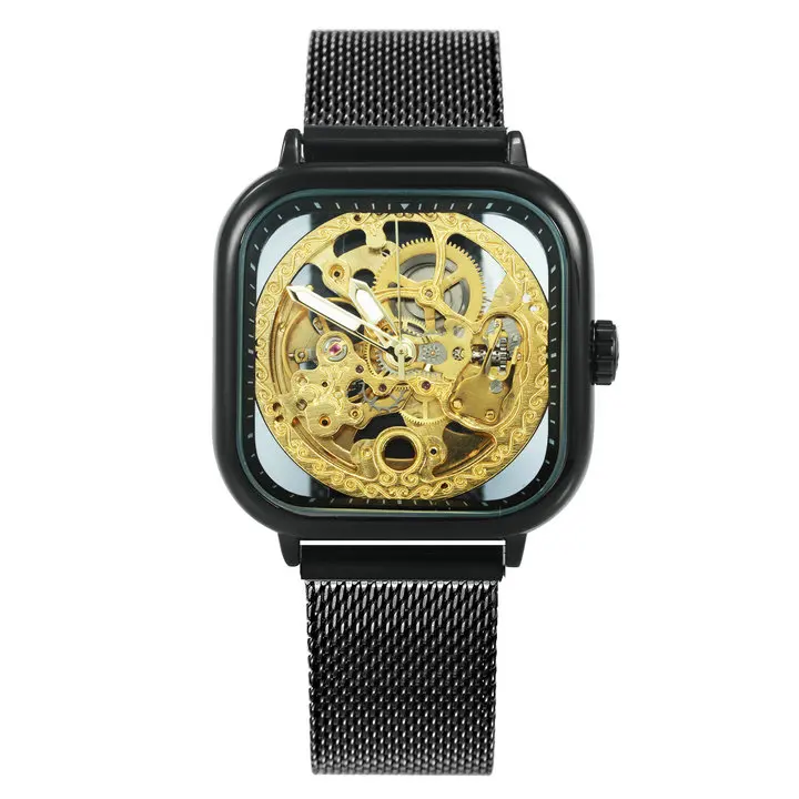 WINNER Official Blue Mens Watches Top Brand Luxury Automatic Mechanical Watch Men Carved Magnet Mesh Strap Skeleton Wristwatch