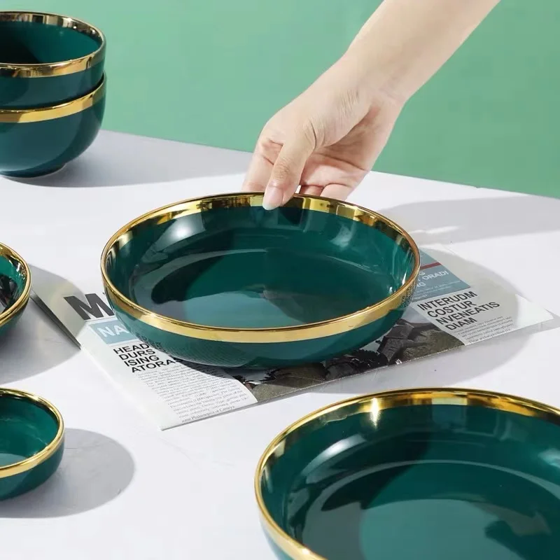 Shengjing Factory Elegant Green Glazed Gold Rim Restaurant Kitchen Ceramic Dinner Plate Ware Dishware Porcelain Dinnerware Set