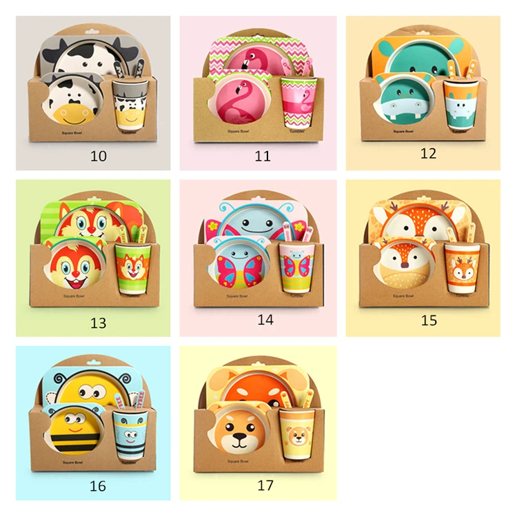 16 Design 5pcs/set Baby Bamboo Bowl Spoon Fork Feeding Tableware Set Cartoon Animal Bee Kid Dishes Feeding Bowl Dinner Plate