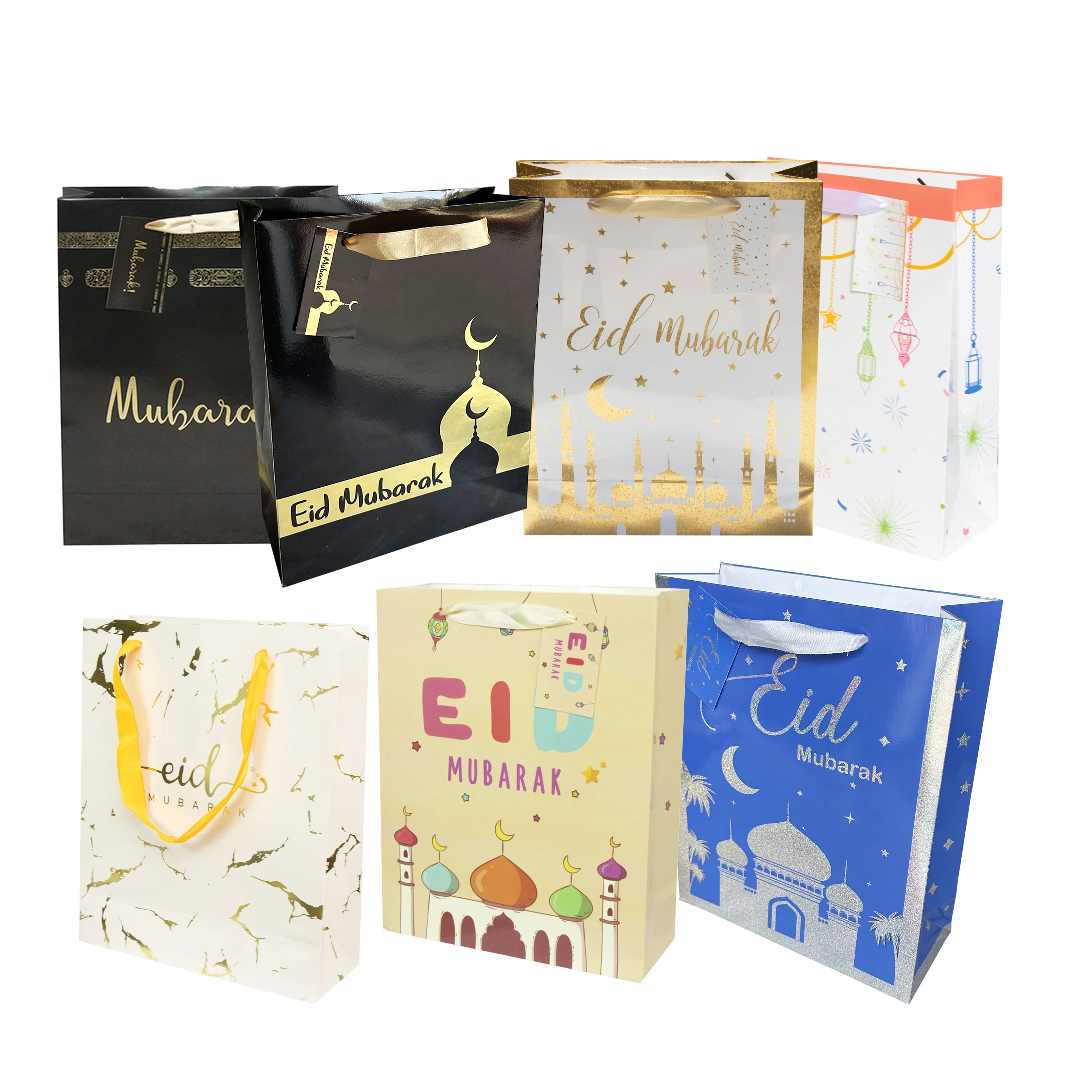 Luxury Muslim Eid Bags With Handles Gold Foiled Mosque Eid Mubarak Paper Bag Black Eid Party Favour Bags