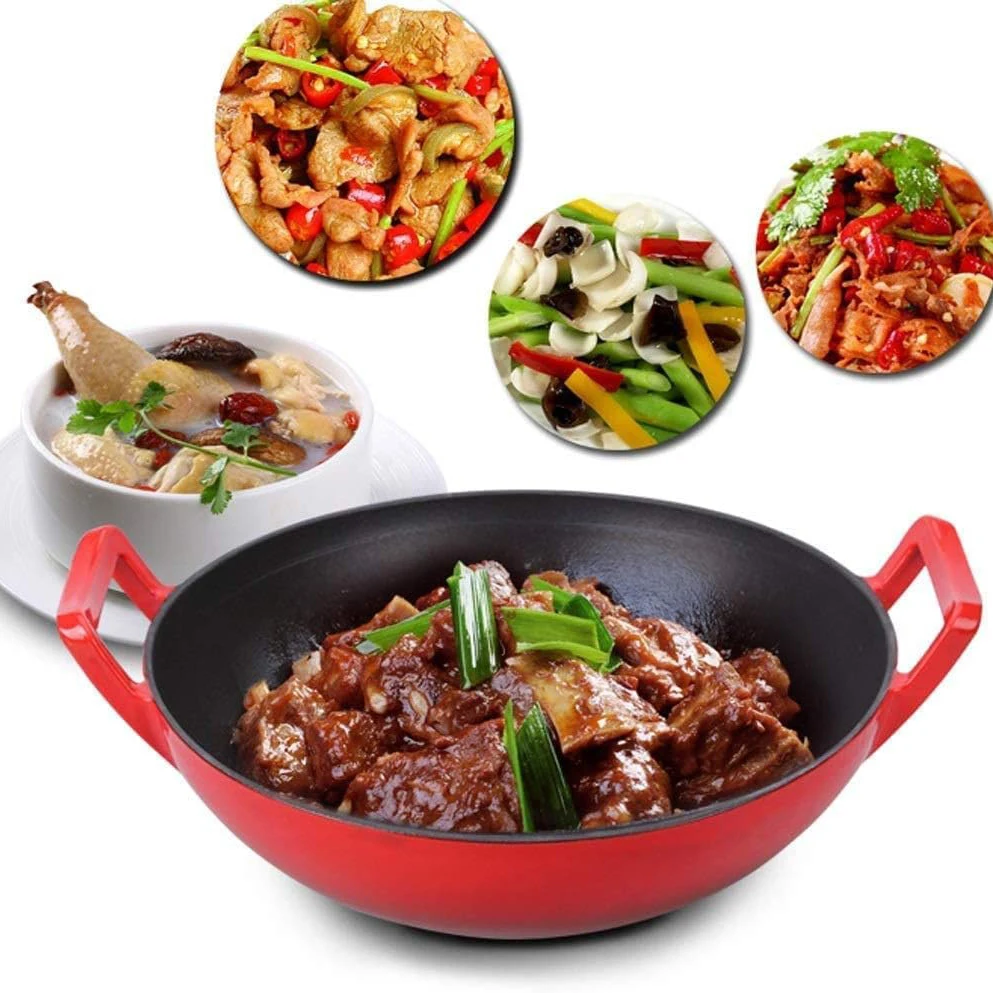 Double Handle Round Non-stick Pan Kitchen Cookware Enamel Cast Iron Frying Pan With Wooden Lid