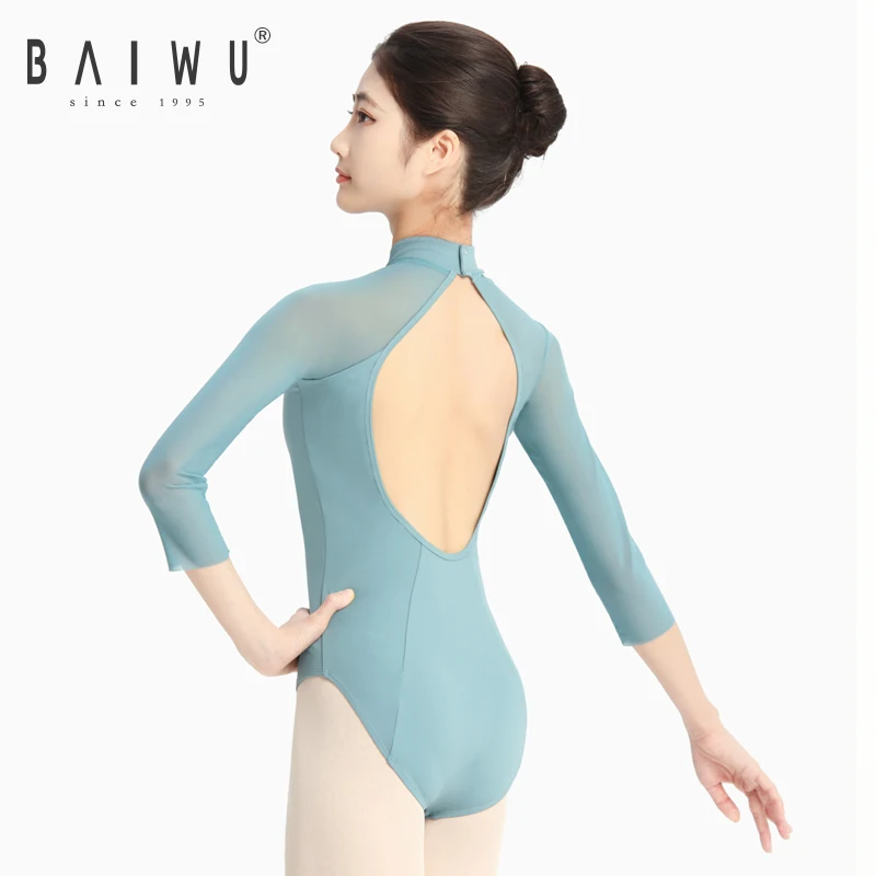123141072 BAIWU Sexy Back Open Girl Long Sleeves Leotard Lace  Mesh Ballet Dance Leotards Performance Wear Gymnastics Leotards