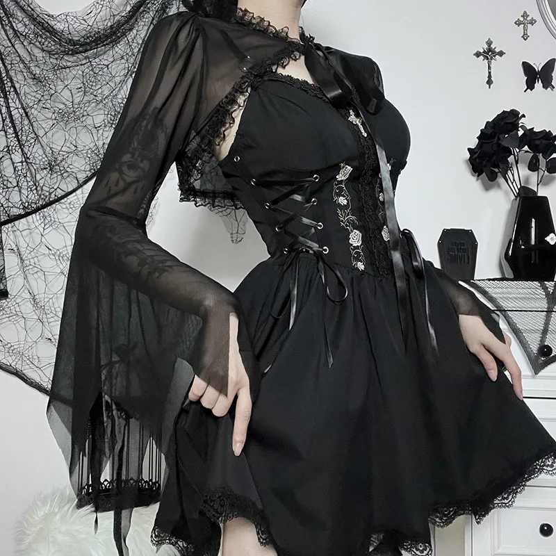 Stand collar lace stitching lace-up blouse Gothic punk dark style short sheer top for women