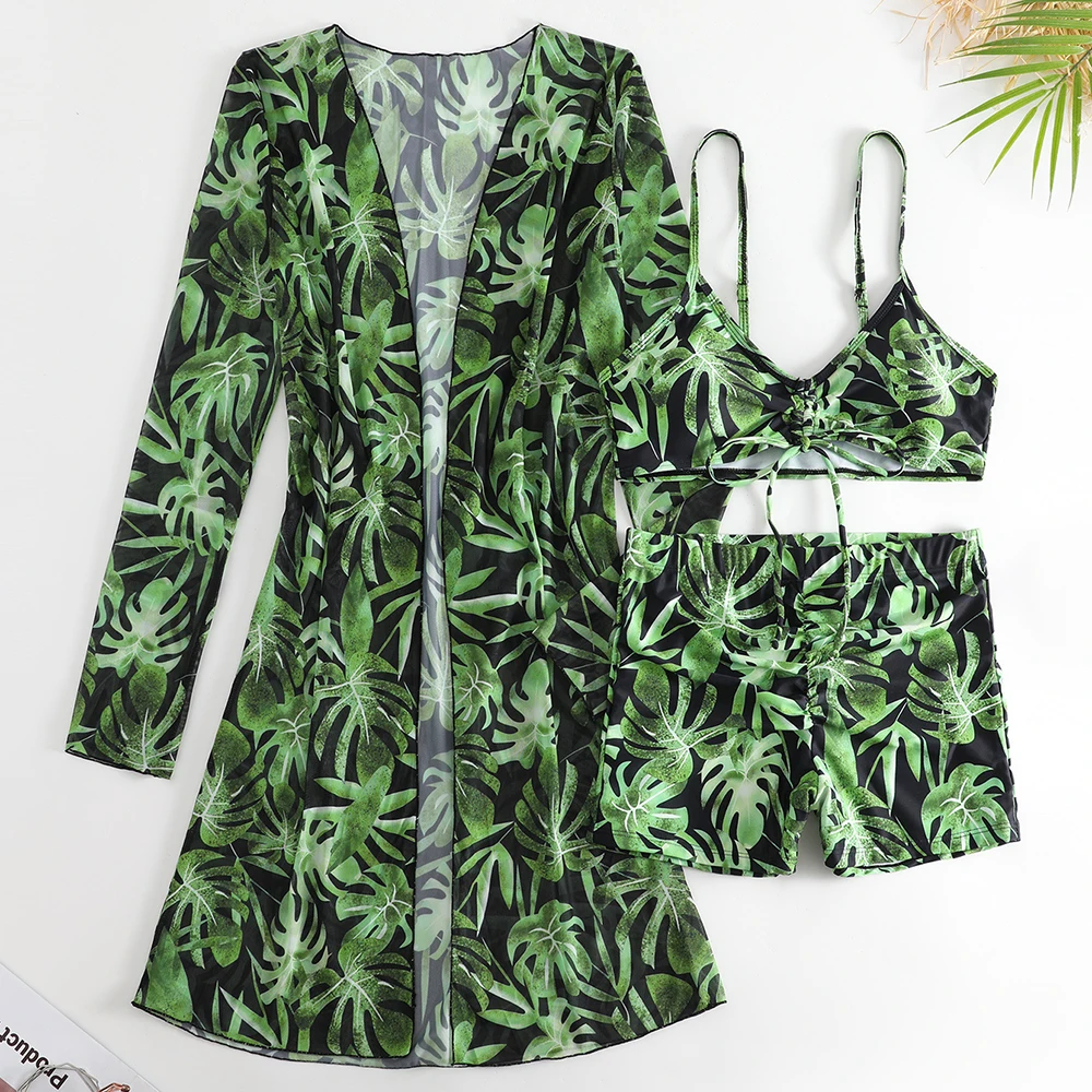 New arrivals Sexy 3 piece Bikini Set Long Sleeve Floral Print swimwear women 2022 sexy see-through bikini swimwear  for kids
