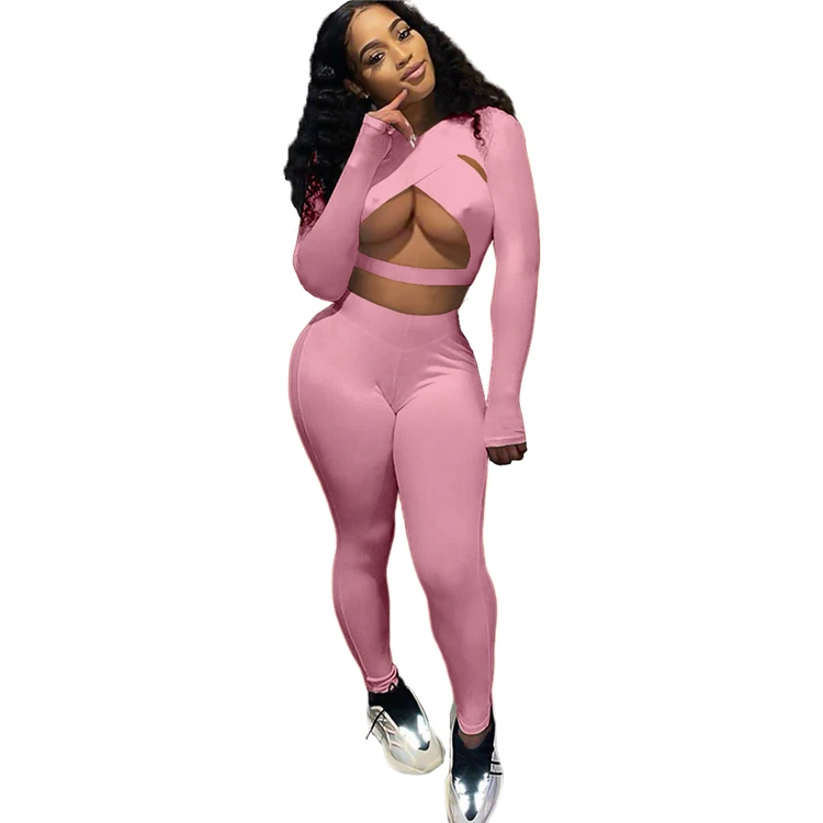 New Trendy women 2 piece outfits Hollow Out Wrap Top Long Sleeve 2 Piece Set Women Long Skin Pants Custom women 2 piece fall set