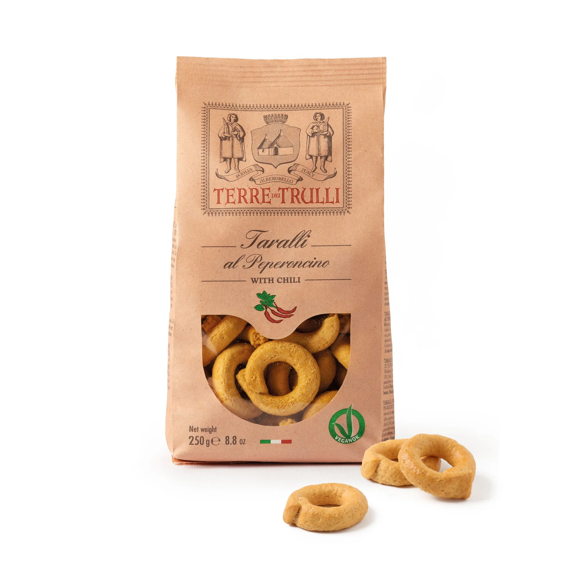 Taralli with Chili Pepper 250g 100% RECYCLABLE PAPER PACK - Made in Italy Gourmet Grain Snacks