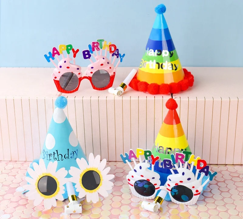 New Product Birthday Party Supplies Kids Birthday Paper Cone Hat With Pom Poms Birthday party hat party cone hat