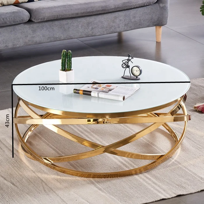 Hot Sale High Fashion Design Modern Furniture Living Room Table Metal Base Super White Tempered Glass Round Gold Coffee Tables