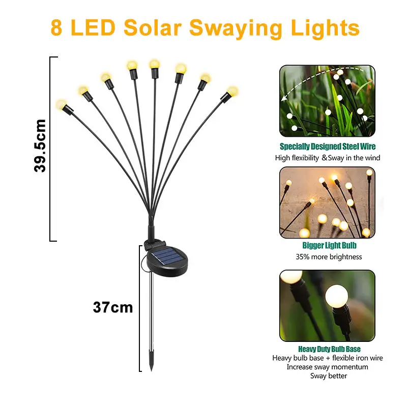 High Quality Outdoor Waterproof  6/8/10 LED Bulbs Solar Powered LED Swaying Light Firefly Garden decoration lawn Light