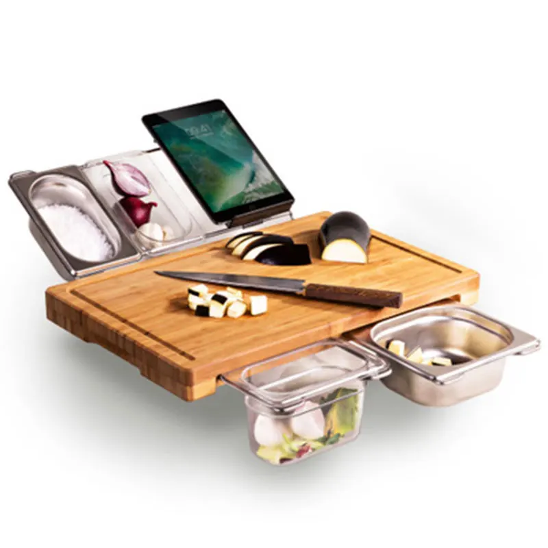 Multipurpose Chopping Board Utensils With Tray Kitchen Fruit Bread Vegetable Bamboo Cutting Board With Containers
