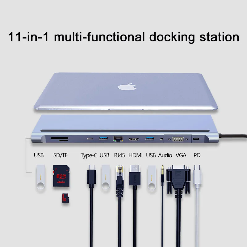 OEM ODM 11 in 1 usb c hub Aluminium alloy housing 11 in 1 type c hub docking station compatible type c usb hub tf sd card reader