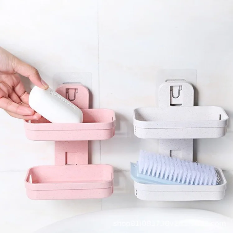 Non perforated bathroom drainage wall mounted soap box storage rack suction cup double-layer soap holder