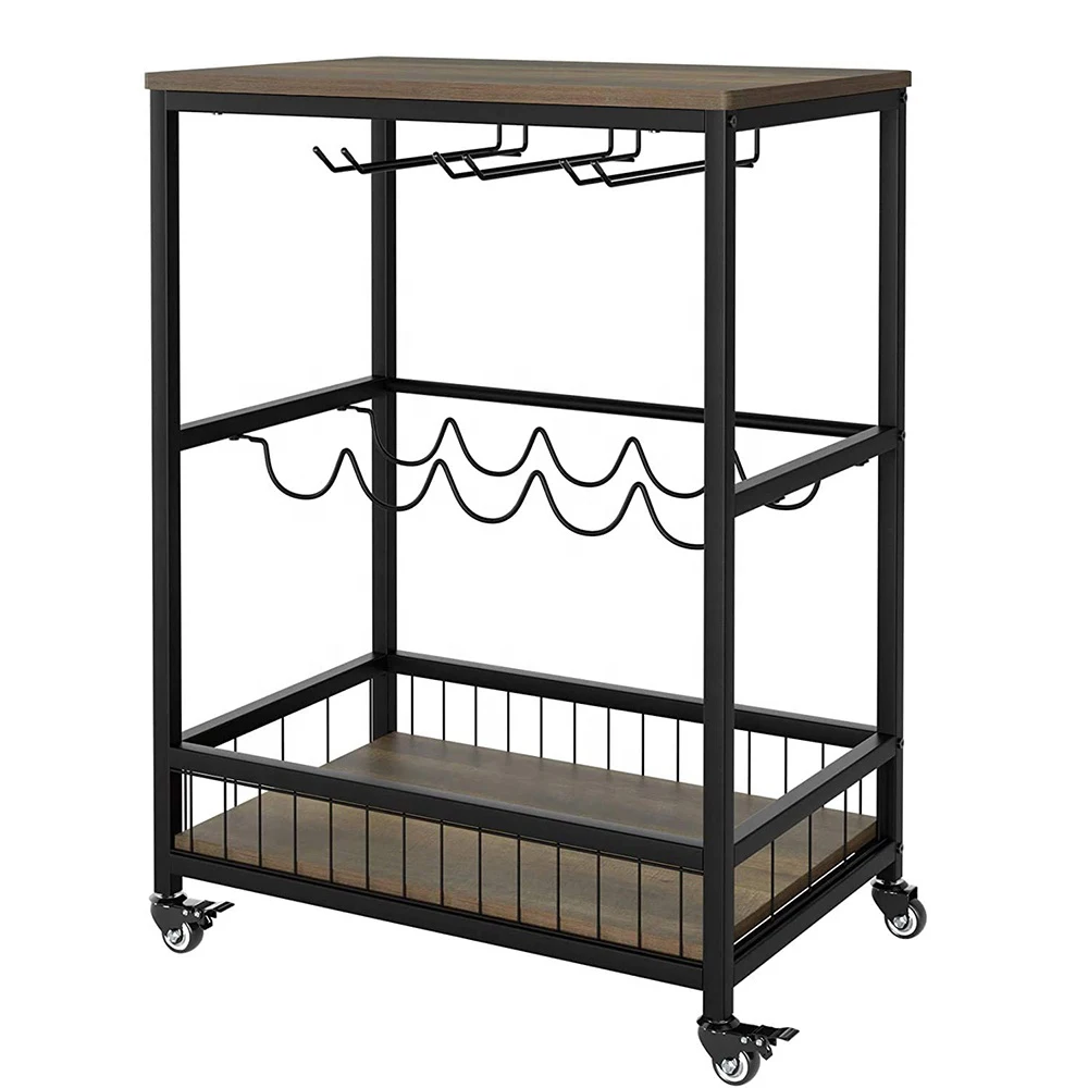 Bar Carts for Home Mobile Wine Cart on Wheels, Wine Rack Table with Glass Holder