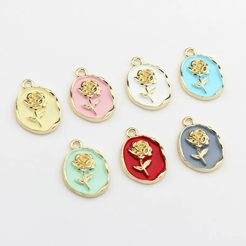 hot selling Alloy Gold Color Enamel Flower Charm Oil Drop Rose Flower Pendants For Head Wedding DIY Jewelry