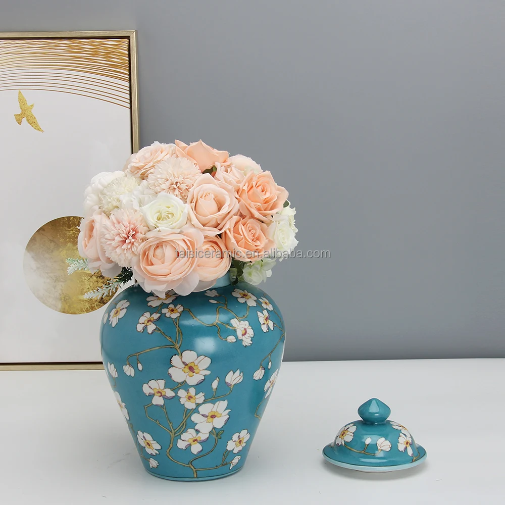 J182 Elegant Ceramic Blue Flower Jar Retro Decoration Home Furnishing Custom Porcelain Ginger Vase