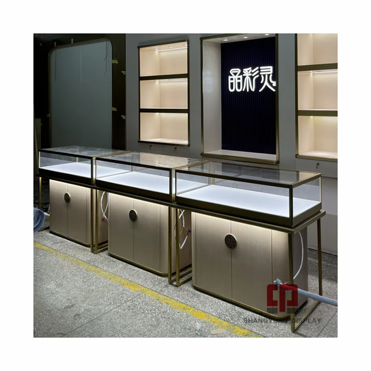 Luxury Jewelry Store High-end Glass Display Cabinet Custom Wood Grain Finish Stainless Steel Jewelry Display Showcase Furniture