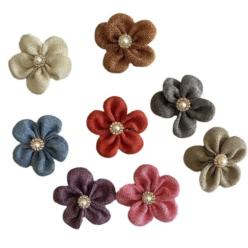 hot sale linen Five petal flower with diamond  flower garment accessories