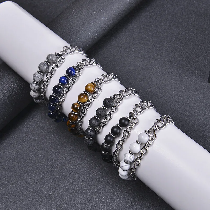 2022 New Latest 8 mm Natural Stone Lava Rock Tiger Eye and Stainless Steel Link Chain Two Layered Men Bracelet
